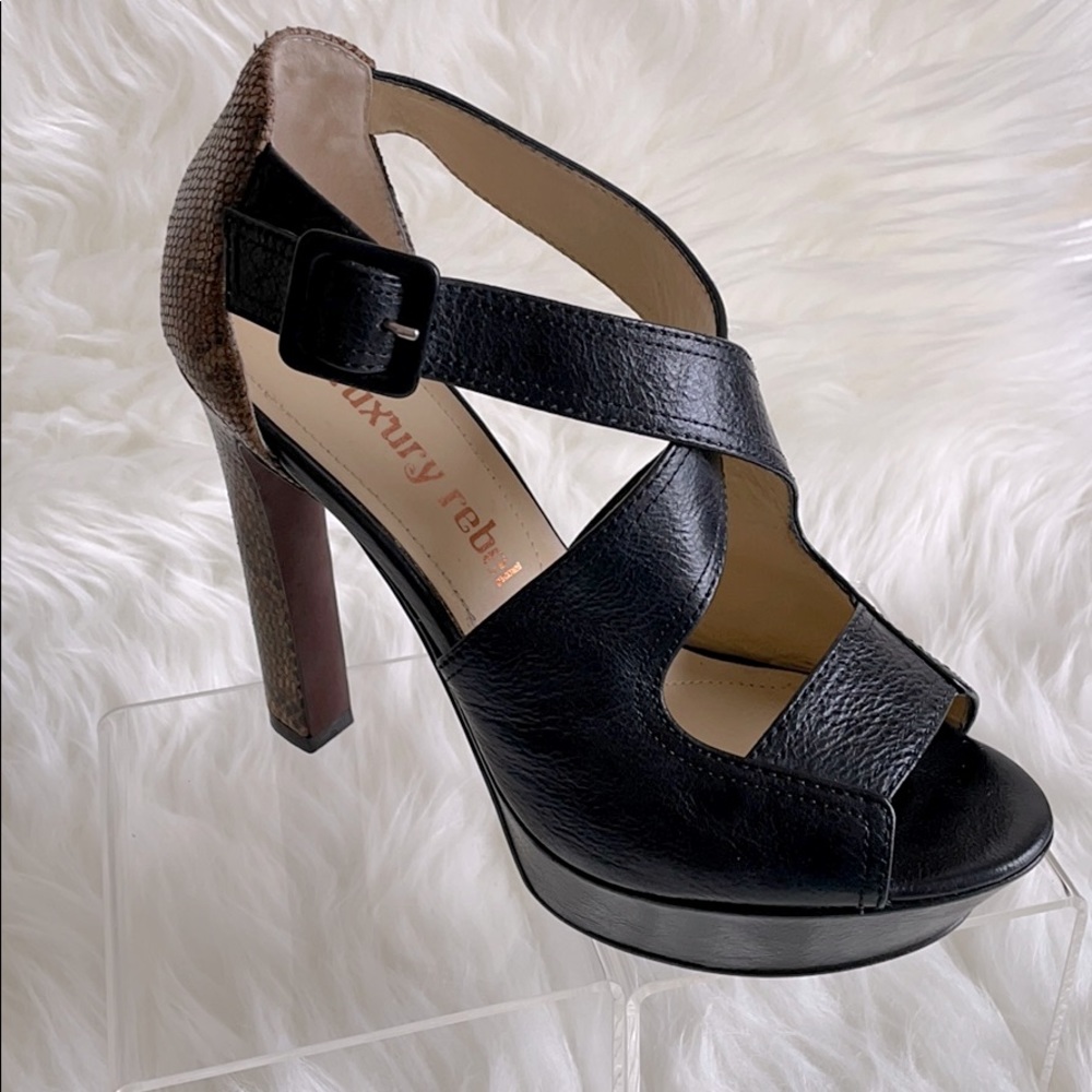 Black Tan Python Leather Platform Strap Heels Sz 7 - image 2